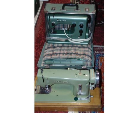 A Husqvarna Viking electric sewing machine in a green colourway with carrying case, together with a vintage Zephyr electric s