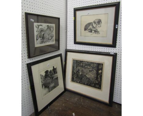 June Edwards (British 20th/21st century ) - Topiary, signed black and white ink drawing, together with TJ Greenwood (British 