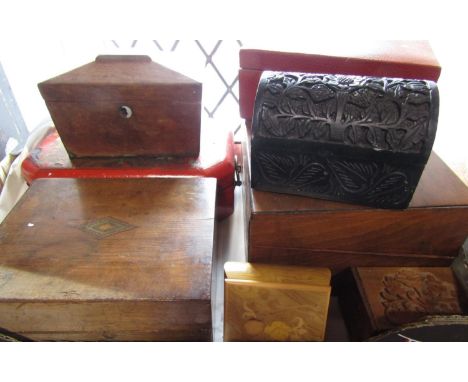 A large collection of boxes comprising two 19th century mahogany boxes, a sarcophagus caddy, a Japanese lacquered box, a Moro