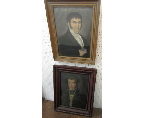 Early 19th century school- Bust length portrait of a gentleman with floral waistcoat and dark coloured coat with gilt buttons