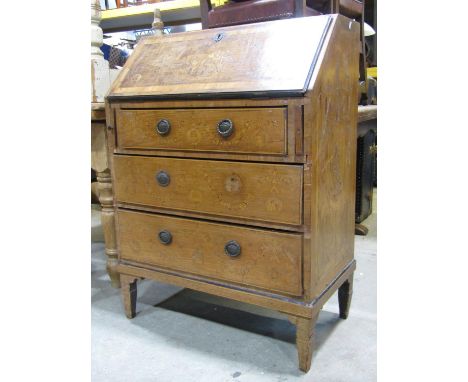Early 19th century continental walnut veneered bureau, the front elevation enclosed by three drawers and fall flap, the flap 