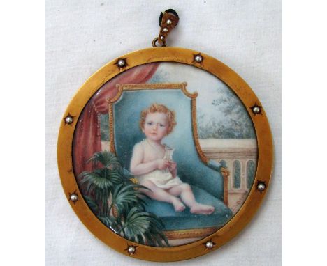 Late 19th century school - A well detailed miniature portrait study of a young child seated in a blue and gilt armchair in in