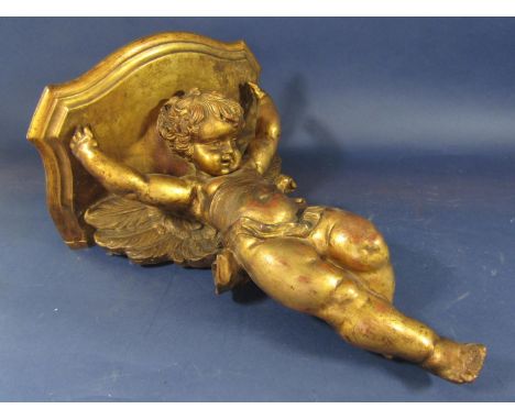 Large carved gilt wood and gesso wall bracket in the form of a winged cherub, 45cm high 