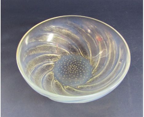 Rene Lalique 'Poissons' bowl decorated in relief with geometric fish, bubble beaded mark to base, raised stamp mark to bowl i