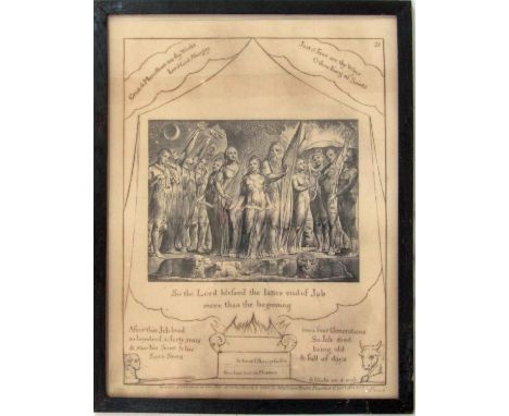William Blake (British 1757-1827) - Black and white print of an engraving showing a biblical scene with Job, originally publi