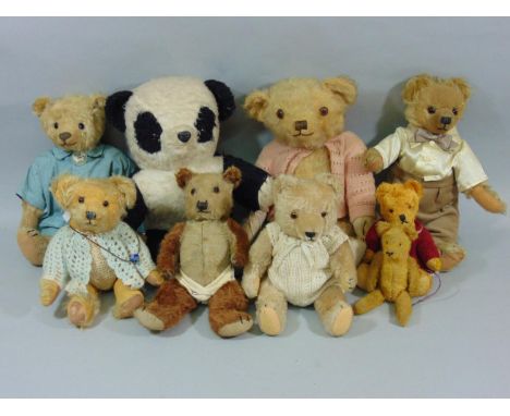 Collection of  small  teddy bears, some pre war with humped backs and boot button eyes, together with a panda, miniature bear