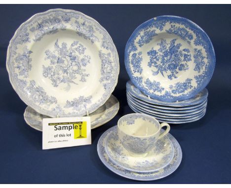A collection of 19th century and later blue and white printed Asiatic  pheasant pattern dinner and teawares, 49 plates and so