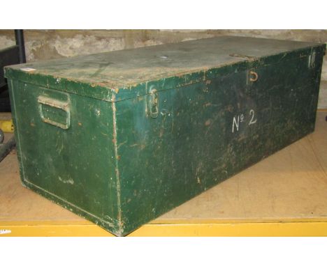 A green painted steel trunk containing various power tools comprising a Black and Decker KA510 Electric Detail Sander, a Bosc