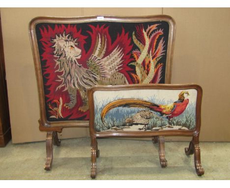 Two 19th century firescreens with shaped and moulded walnut frames and scrolled supports, each enclosing tapestry panels with