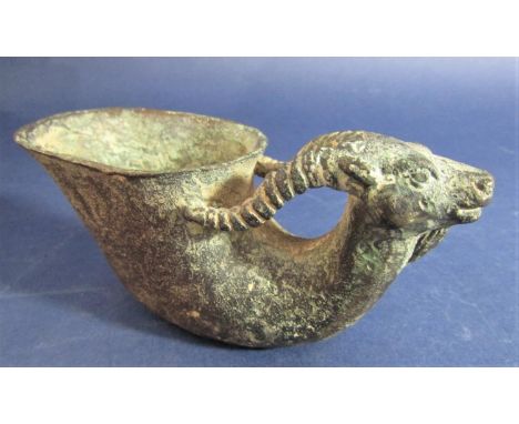 Archaic Chinese bronze libation cup in the form of a ram, impressed imperial mark to base, 14 cm long 