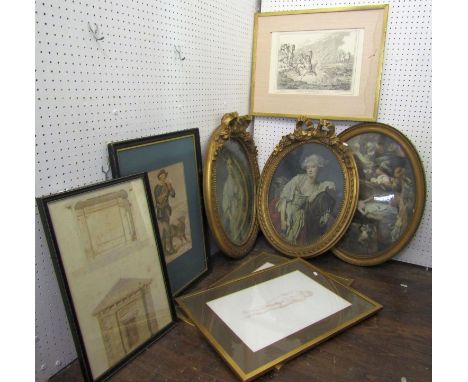 A collection of decorative pictures and prints including a pair of coloured prints of 18th century beauties after Greuze, of 
