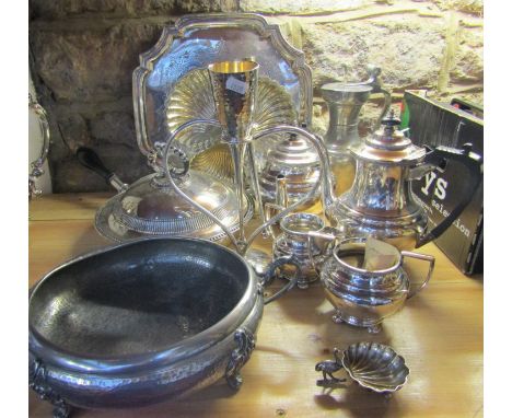 A collection of silver plate and metalware comprising a silver plated salt  mounted by a cast ostrich, a pewter lidded jug wi