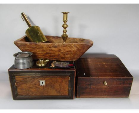 A collection of various 19th century table top boxes to include a Georgian oak example, a late Victorian burr walnut ebonised