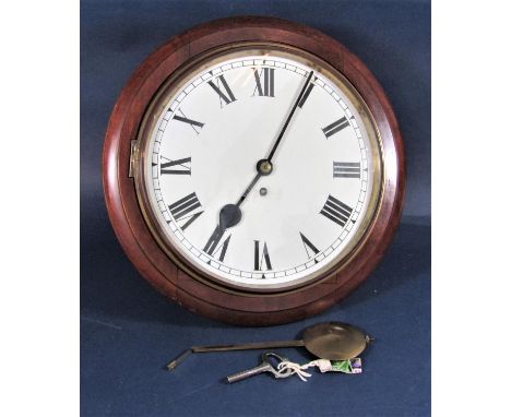 Mahogany single fusee wall clock, the 11.5 inch enamel dial with Roman numerals, pendulum and key 