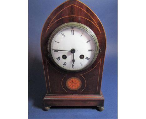 Edwardian mahogany and boxwood inlay lancet mantle clock, the twin train convex enamel dial with Roman numerals, the case inl