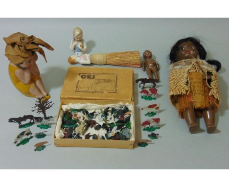 Collection of vintage toys including boxed OKI tin plate farm animals, ceramic half doll brush, a further half doll, a cerami