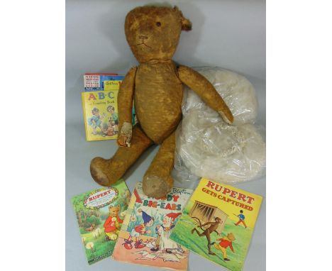 Mixed lot including large teddy bear (AF) for restoration height 77cm, vintage children's magazines and a bridal veil 