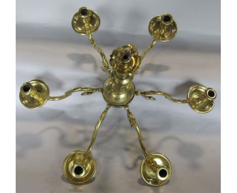 Dutch cast brass 6 branch hanging candelabra, with typical bulbous stem and scrolled branches, 53cm diameter 