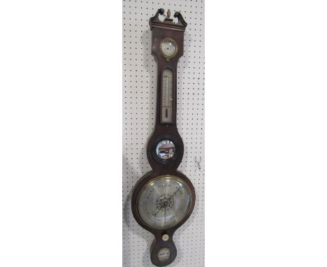 Flame mahogany banjo barometer thermometer by Bond of Cirencester, 98 cm high 