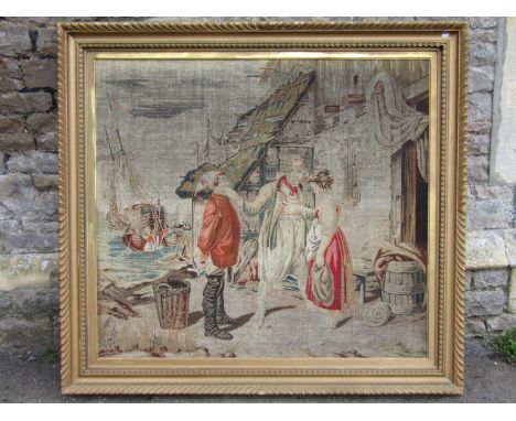 A large 19th century Berlin woolwork type tapestry panel of a harbour scene with male and female characters, 114 x 127 cm app