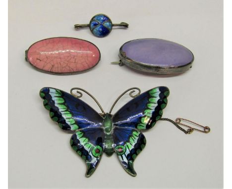 Group of good silver brooches comprising an enamelled butterfly brooch by JA&amp;S, no. 2377, a further Arts &amp; Crafts ena