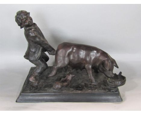 Cast bronze study of a boy pulling a pigs tail, with piglet and spilt trough, signed Valerie?, 30cm high x 37cm long 