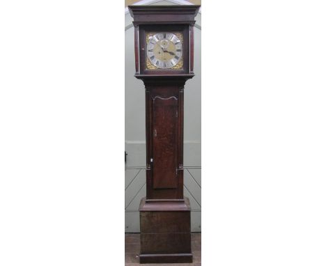 A Georgian oak longcase clock, the trunk with moulded outline and reeded column supports, the square hood enclosing a 28cm sq