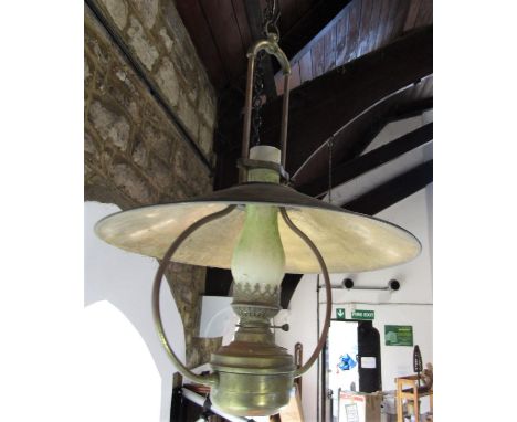 Early 20th century brass hanging lantern, with shade and brass bracket, 60cm high approx 