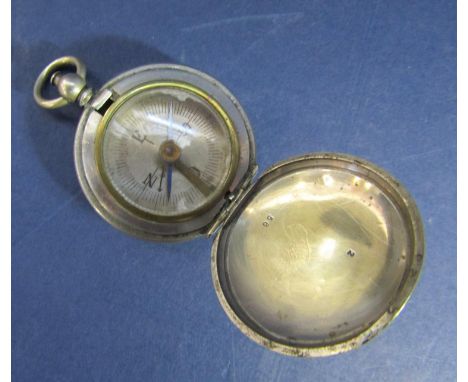 Cased nickel and brass hunter pocket compass, with engraved silver dial, 42 mm case 