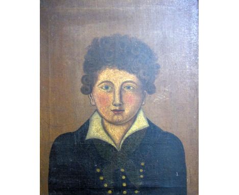 19th century school - Bust length portrait in the naive manner of a young boy with curly hair and dressed in a naval style ja