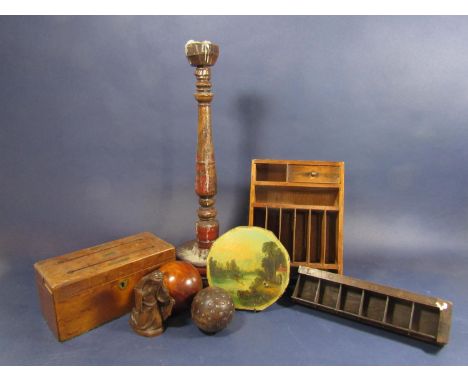 A collection of treen wares comprising a pricket stick with painted decoration, a ballot box, a printers tray inscribed Londo