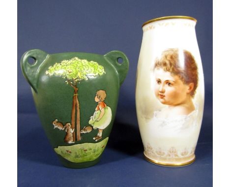 An unusual early 20th century green ground three handled vase with painted decoration of a child and rabbits beneath a tree, 