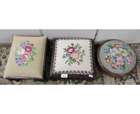 A 19th century square cut footstool with spindle moulded gallery set beneath a hand worked floral tapestry together with a fu