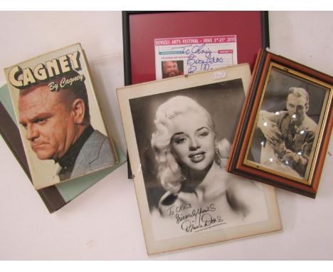 A miscellaneous collection of items including a framed sepia photograph of James Cagney with inscription and signature, a bla