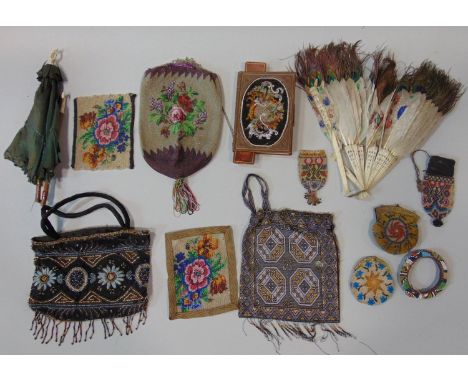 Collection of vintage beadwork including 2 early 20th century purses with clasps, a draw string purse of similar age and 3 sm