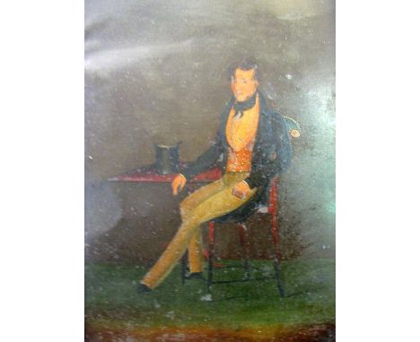 19th century school - Full length portrait study of a seated young gentleman, his top hat on the table beside him, oil on tin