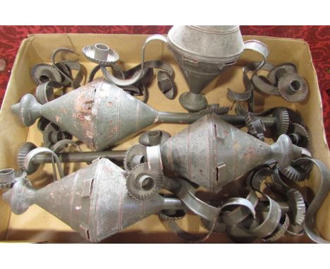 Four good quality folk art sheet metal six branch candelabra, with military green painted finish, 67cm high x 53cm diameter (