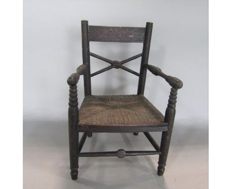 Good 19th century apprentice shaker carver chair with bobbin turned arms and supports and strung seat, lacquered finish, 27cm