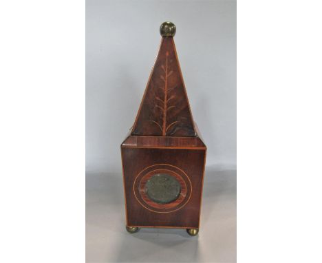 An unusual 19th century mahogany and satinwood crossbanded caddy or light box, the faceted conical top with string inlay of b