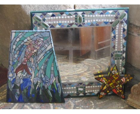 A small contemporary wall mirror with inset mosaic frame, 48cm square, together with five further decorative mosaic items com