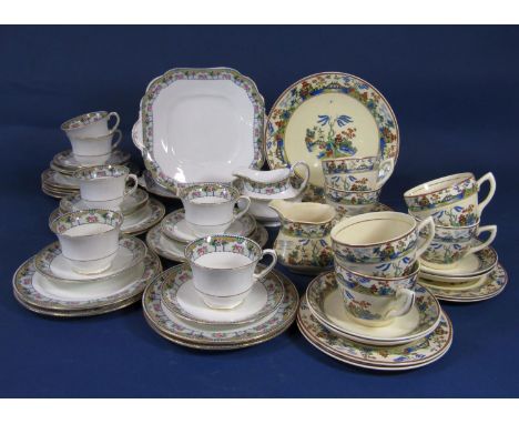 A collection of Aynsley teawares with floral border detail comprising pair of cake plates, milk jug, sugar bowl, six cups, te