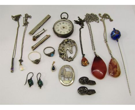 Mixed collection of silver jewellery to include a cast unicorn pendant of oval form, maker 'B&amp;B', an 800 silver fob watch