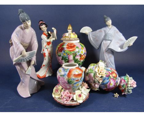 Pair Nao porcelain figures of geisha girls with fans, together with a further ceramics geisha girl and further pottery vase (