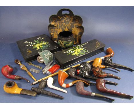 A collection of antique Meerschaum and other type pipes, together with a collection of lacquer ware to include a chinoiserie 