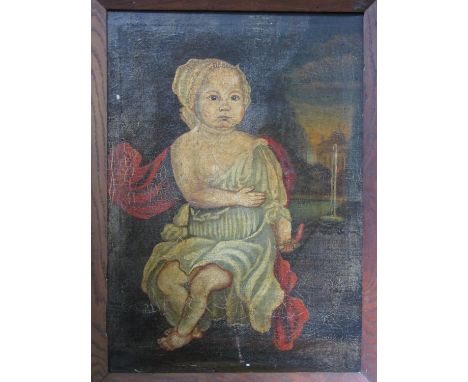 Late 18th century naive school - Full length portrait of a baby in classical draperies and holding a coral rattle, with count