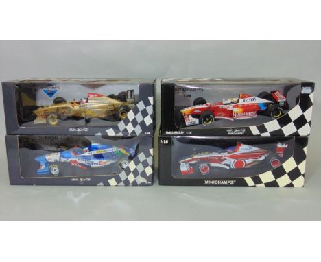 4 Minichamps Grand Prix Formula One 1:18 scale boxed model racing cars including 180 990022 BAR 01 J. Villeneuve, 180 990 095