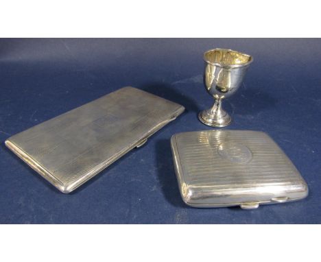 Good engine turned silver cigarette case of rectangular form with art deco detail, together with a further engine turned ciga