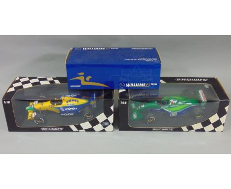 3 boxed Minichamps Formula 1 racing cars 1:18 scale including Jordan Ford 191 M Schumacher 1991, Benetton Ford B191 M Schumac