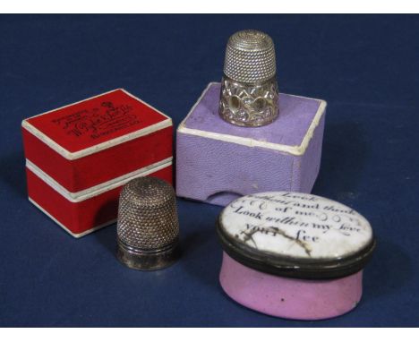 Charles Horner silver thimble together with a further silver thimble and Bilston type enamel box, the lid inscribed 'Look wit