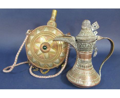 A Persian copper ewer, with hinged spout and lid, 20cm high, together with a further copper and brass moon flask with star bu